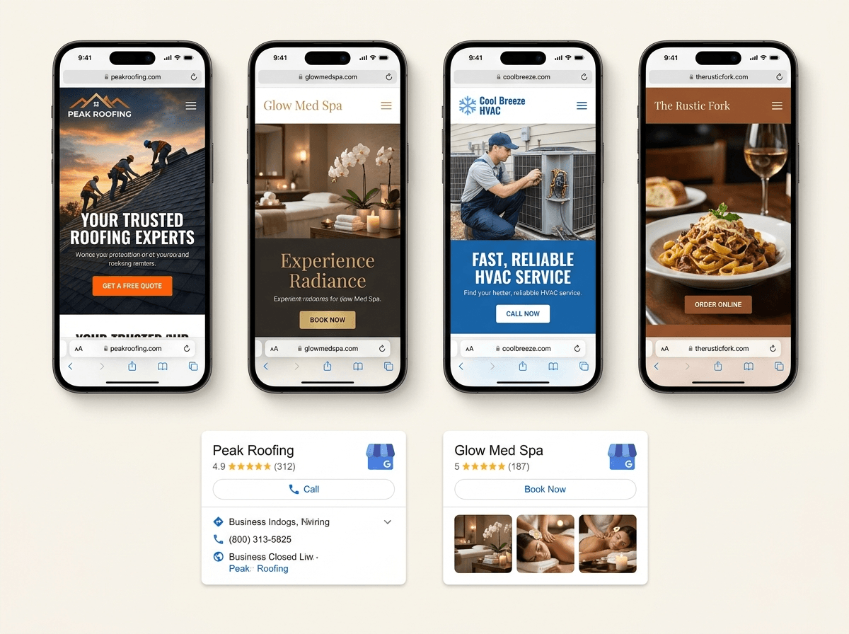 Four mobile phones showing local business websites and Google Business Profile listings.