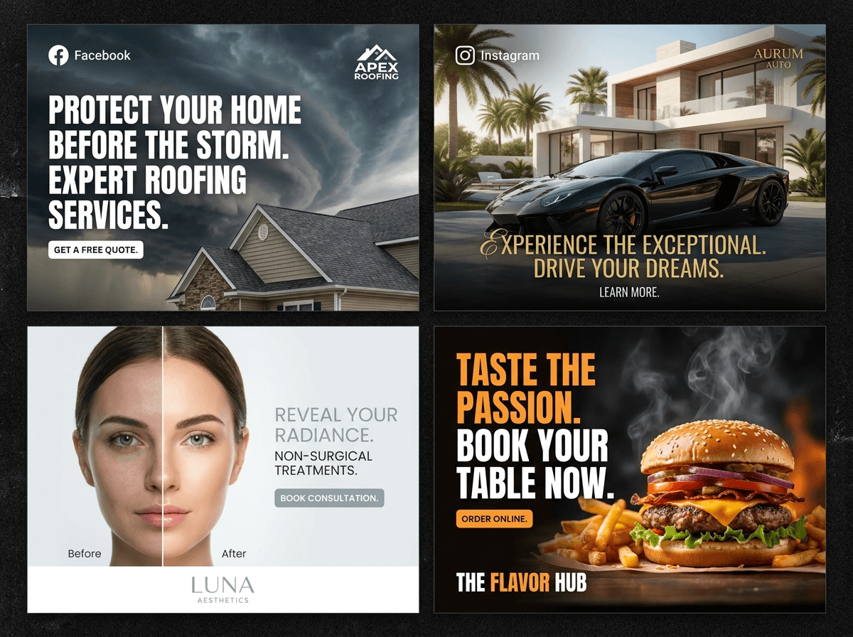 Four social media ad creatives — roofing, luxury auto, med spa, and restaurant — laid out as a 2x2 grid.