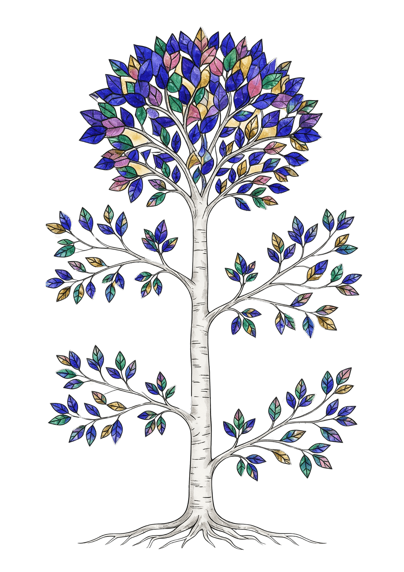 Stained-glass tree illustration with cobalt, purple, emerald, amber, and rose leaves